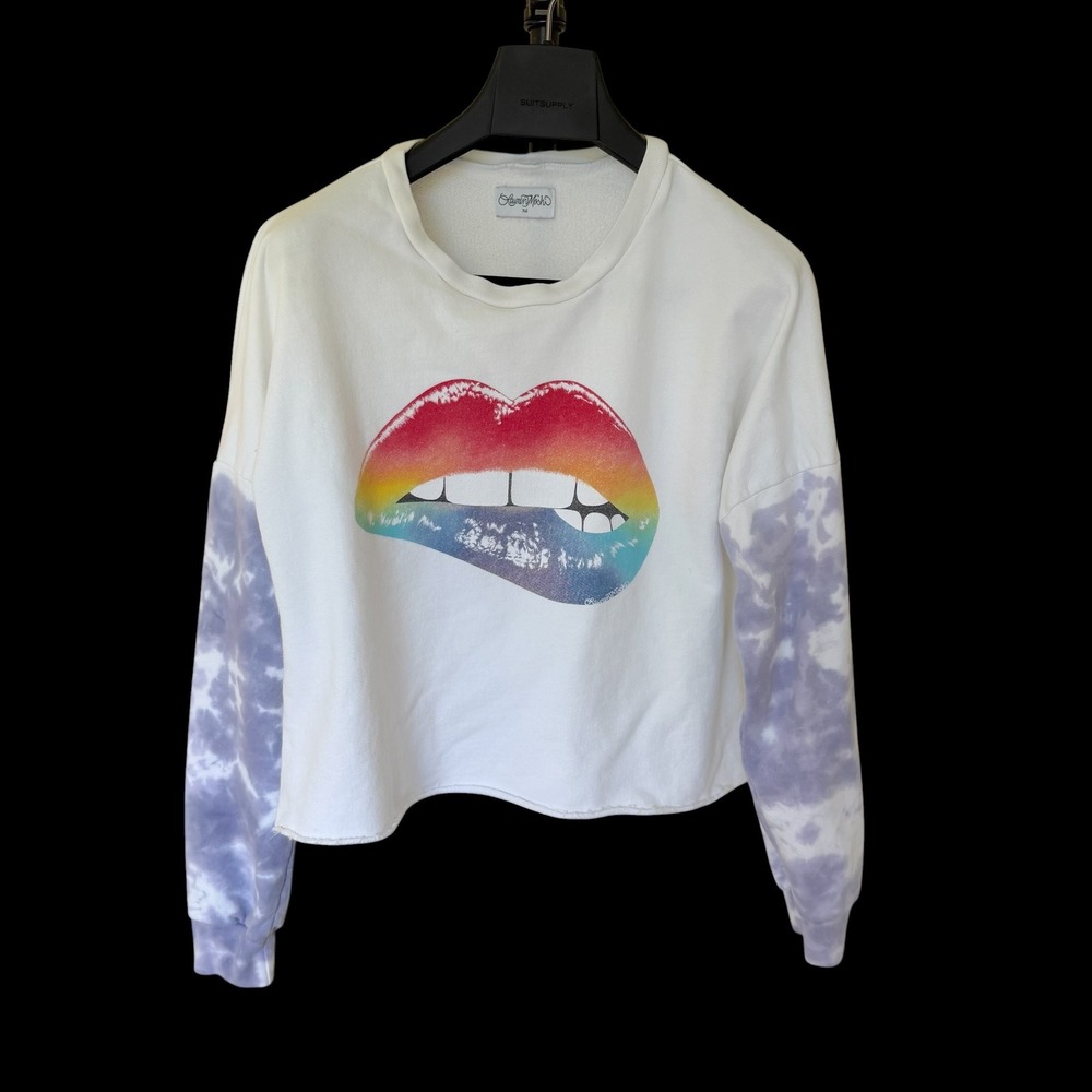 Lauren Moshi Rainbow Lips Tie Dye Sleeve Crop Sweatshirt White XS